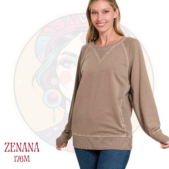 Zenana Tops - 176M ZENANA Mocha Cotton French Terry Pullover Sweatshirt Pockets
